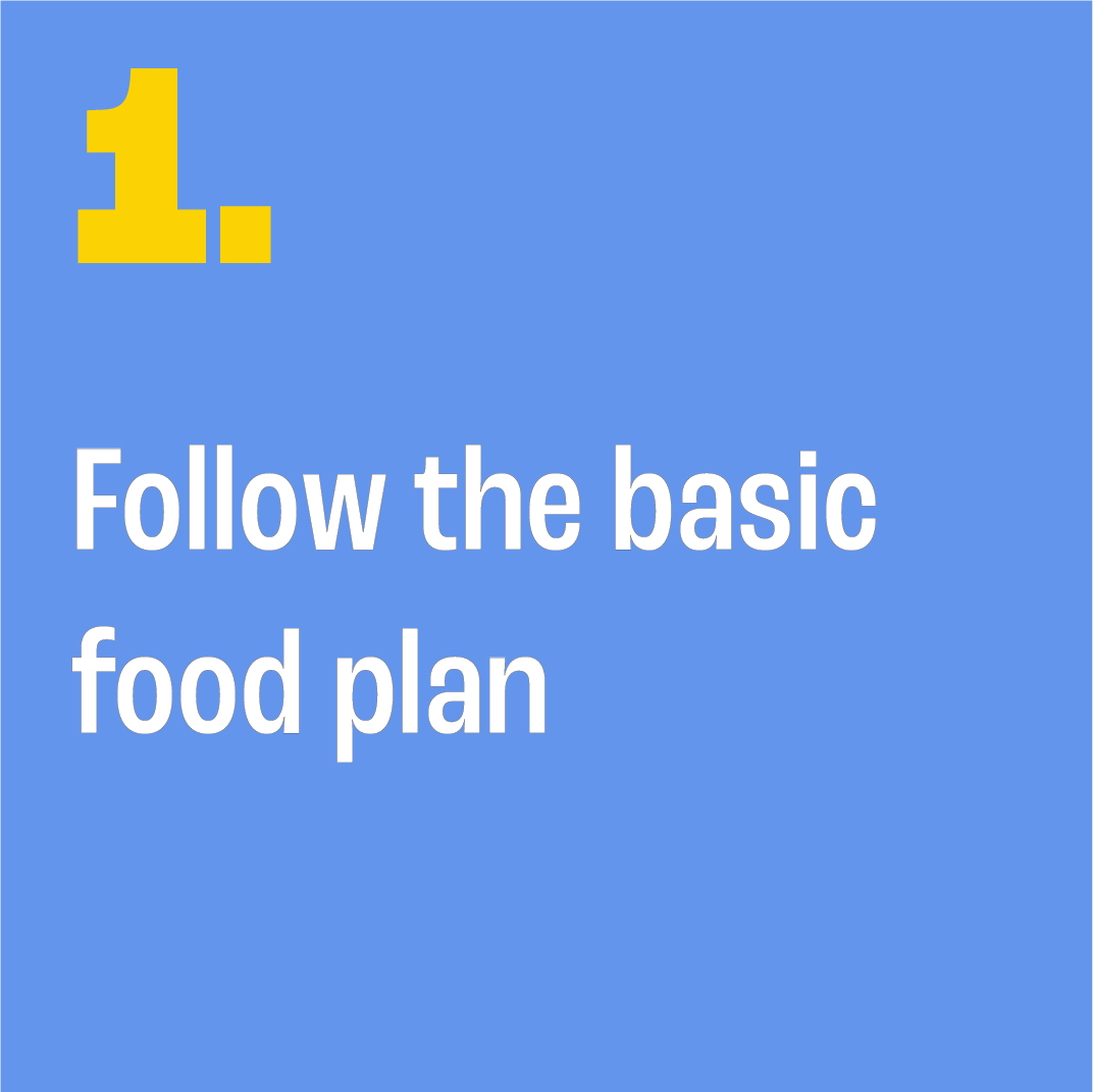 Text 'Follow the basic food plan' on a blue background with a yellow number '1'.