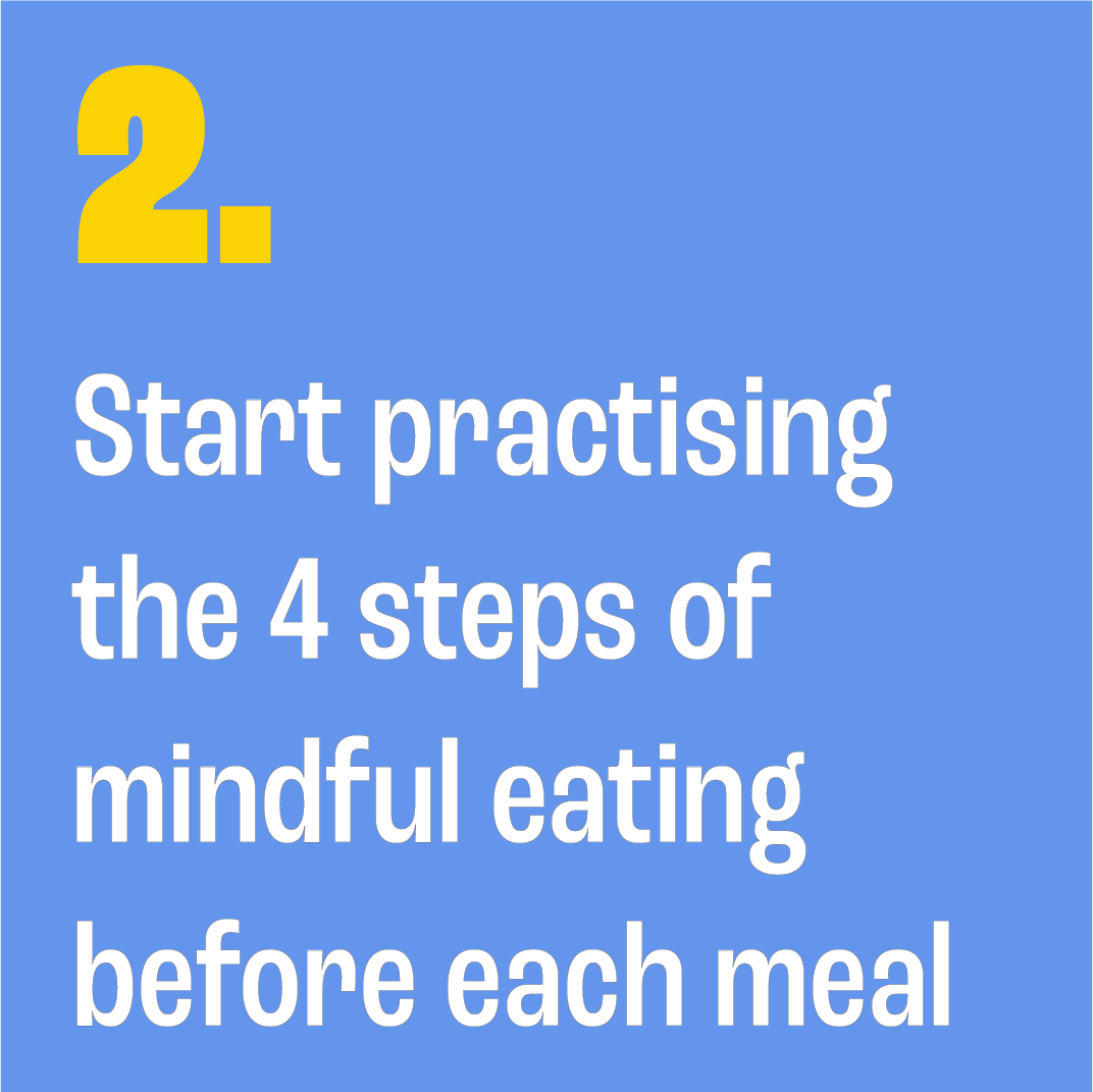 white Text 'start practising the 4 steps of mindful eating before each meal' on a blue background and a yellow number 2