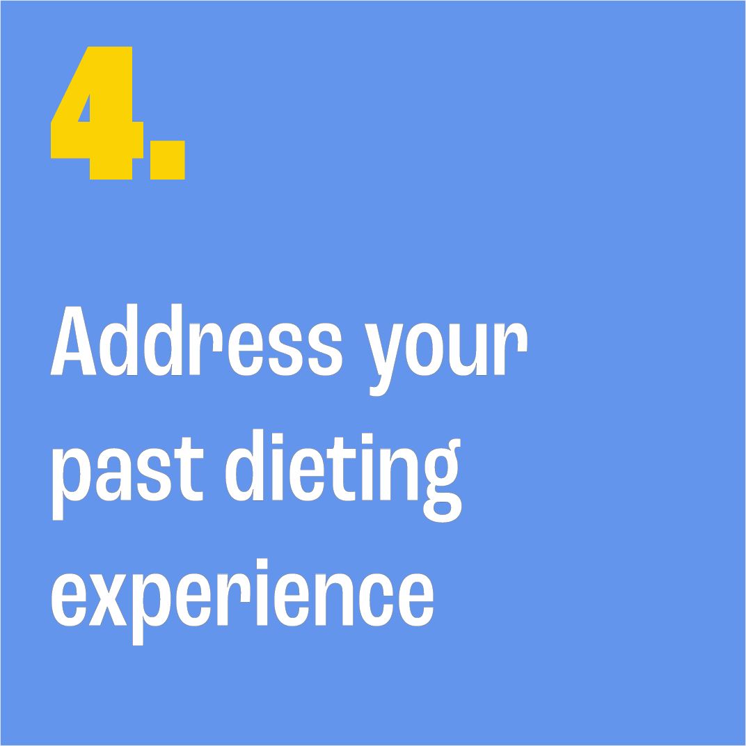 white Text ' address your past dieting experience' on a blue background with yellow number 4 