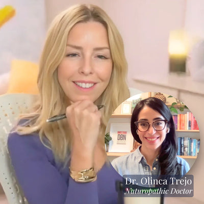 Split-screen image of Gina Livy smiling while holding a pen during a virtual conversation with Dr. Olinca Trejo, a naturopathic doctor, shown in a circular frame overlay. Dr. Trejo is smiling, wearing glasses and a denim shirt, with a bookshelf in the background.